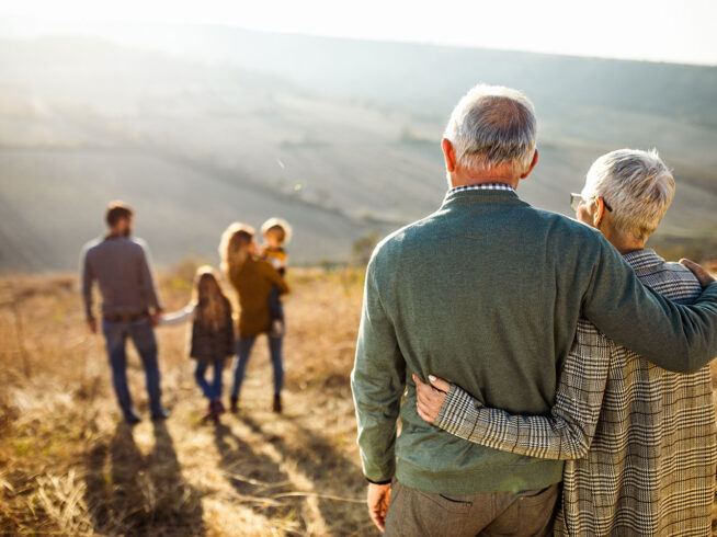 Rear-view of embraced senior couple looking at their family in nature